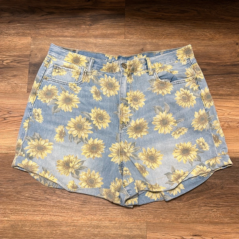 American Eagle Outfitters Sunflower Print Denim Shorts - Blue & Yellow